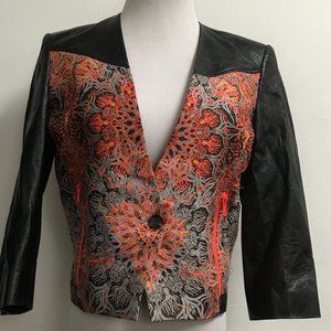 Helmut Lang black floral print leather mixed media blazer cropped boxy jacket 2